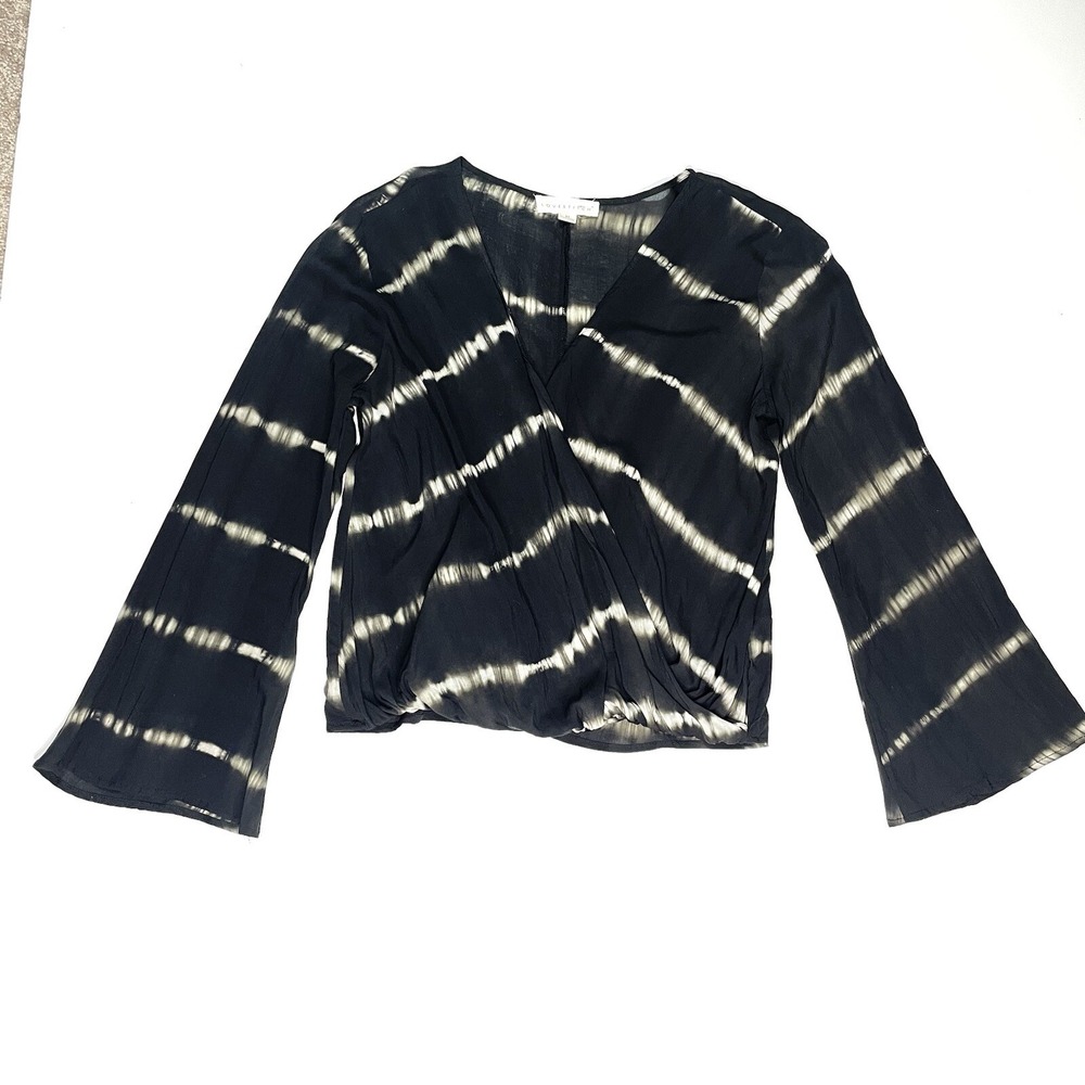 Lovestitch Blouse Womens M Black White Tie-Dye Bell Sleeve Wrap Surplice Top